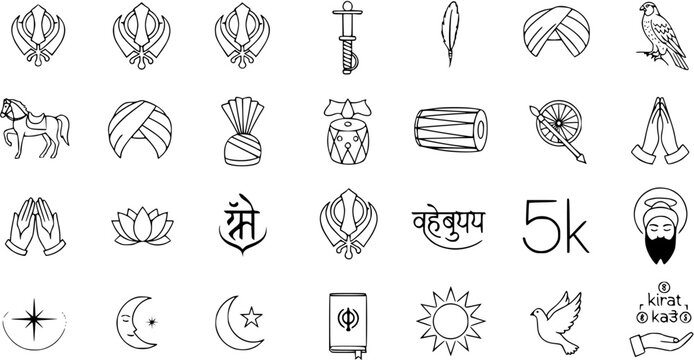 Sikhism Symbols  Cultural Icons Set: Khanda, Turbans, Kirpan, Gurus, Guru Granth Sahib, Ek Onkar, Waheguru, 5 Ks