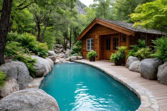 Log cabin swimming pool in lush forest setting - Powered by Adobe