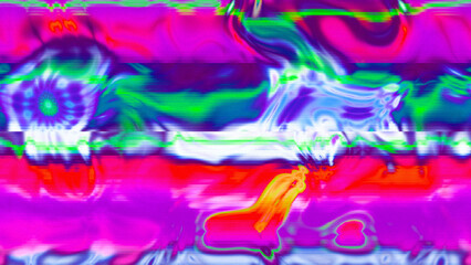 Abstract psychedelic glitch waves with neon colors, distorted digital fluid texture and VHS scanline effect