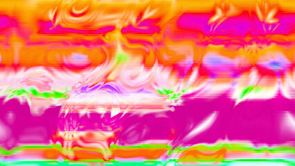 Abstract psychedelic glitch waves with neon colors, distorted digital fluid texture and VHS scanline effect