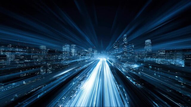 Abstract futuristic cityscape with glowing blue light trails, representing technology, innovation, and the digital world
