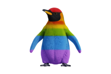 A fluffy penguin, digitally altered to display a rainbow pattern, symbolizing LGBTQ pride. background removed