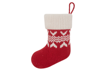 A red and white knitted Christmas stocking with a snowflake pattern, isolated on a transparent background. background removed