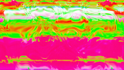 Abstract psychedelic glitch waves with neon colors, distorted digital fluid texture and VHS scanline effect