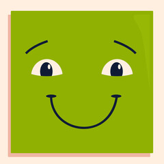 Smiling Green Square Character with Big Eyes and Curved Mouth on a Soft Pink Background with Subtle Shadows Creating Depth