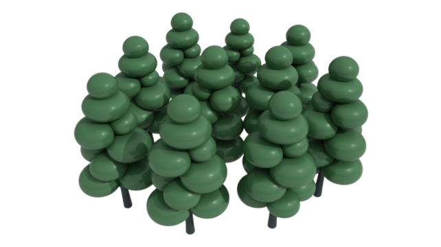 Stylized 3D rendering of a forest with abstract, green, sphere-shaped trees against a solid transparent background. background removed