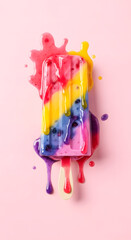 View of colorful melting frozen rainbow popsicles on a pink background