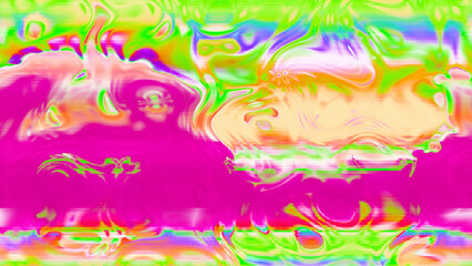 Abstract psychedelic glitch waves with neon colors, distorted digital fluid texture and VHS scanline effect