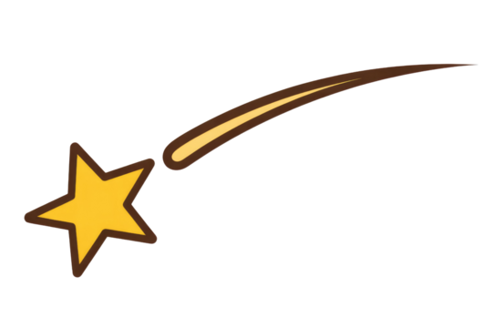 A yellow star with a brown tail streaking across a transparent background. background removed
