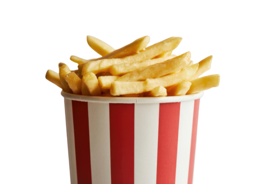 A red and white striped paper cup overflowing with golden french fries against a transparent background. background removed