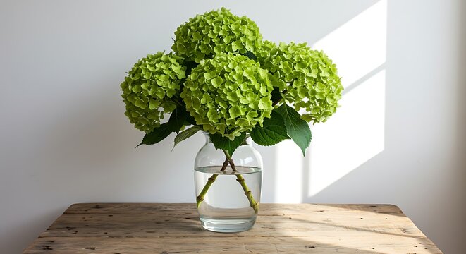 Vibrant green hydrangea flowers in a clear glass vase on wooden table