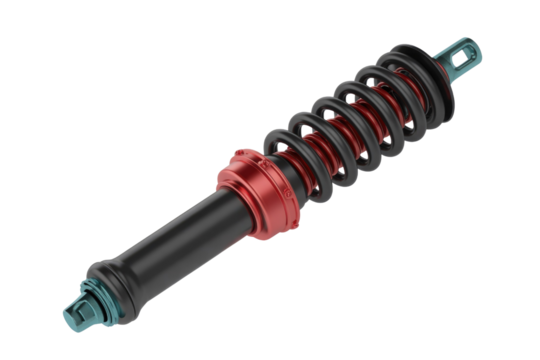 3D rendering of a red and black coil spring shock absorber, isolated on transparent background. background removed