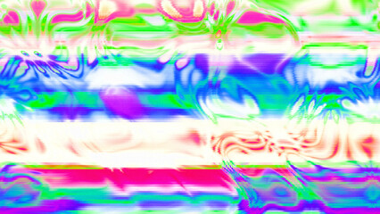 Abstract psychedelic glitch waves with neon colors, distorted digital fluid texture and VHS scanline effect
