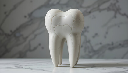 Cracked White Molar Tooth Model on Marble Background