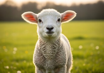 Fototapeta premium A cute white lamb with pink ears stands in a vibrant green field, looking directly at the viewer with soft sunlight.
