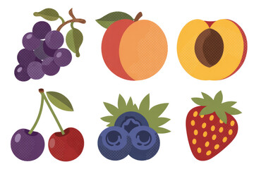 Collection of six different fruits: grapes, peach, half peach, cherries, blueberries, and strawberry, in a flat style. background removed