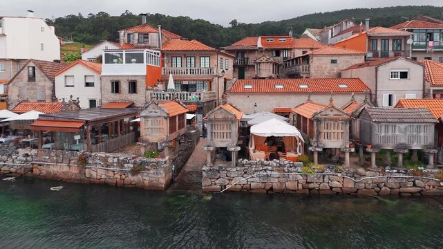 Aerial of Combarro Village with Horreos on Ria de Pontevedra, Galicia