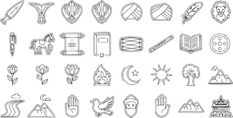Line Art Icons Set: Diverse Cultural, Spiritual, and Historical Symbols, Objects, and Nature Elements