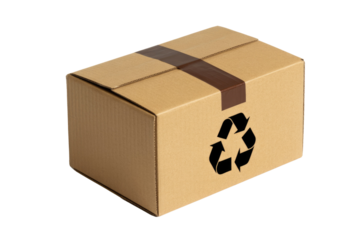 A closed cardboard box with a recycle symbol and brown tape, signifying eco-friendly packaging. background removed