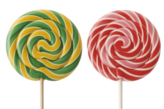 Two swirl lollipops, one green and yellow, the other red and white, on sticks against a transparent background. background removed