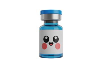 A cute cartoon face adorns a blue vaccine vial, promoting a positive image of vaccination. background removed