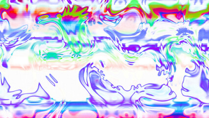Abstract psychedelic glitch waves with neon colors, distorted digital fluid texture and VHS scanline effect