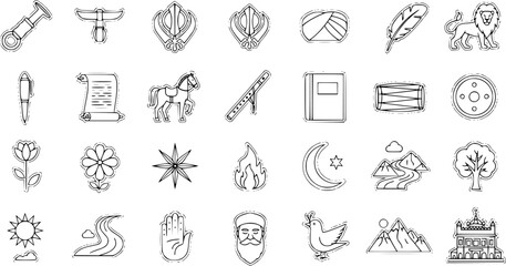 Sikhism, Nature  Cultural Elements Line Art Icons Collection: Outline Sticker Style Vector Set