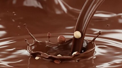 Smooth Chocolate Pour with Hazelnuts Splashing into Liquid Center in High Definition Splashing Abstract Design Delicious Chocolatey Delight Intense Focus and Studio Lighting Rich Brown Tones
