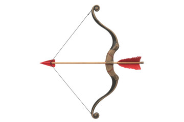 A classic recurve bow with a red fletched arrow, ready to be shot. background removed