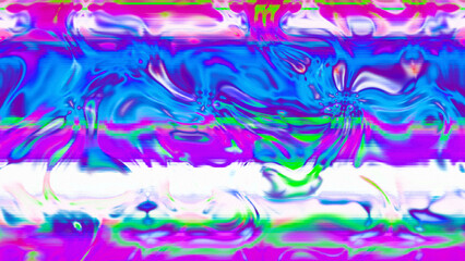 Abstract psychedelic glitch waves with neon colors, distorted digital fluid texture and VHS scanline effect