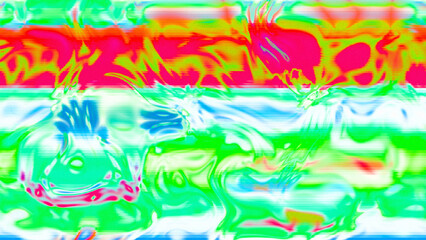 Abstract psychedelic glitch waves with neon colors, distorted digital fluid texture and VHS scanline effect