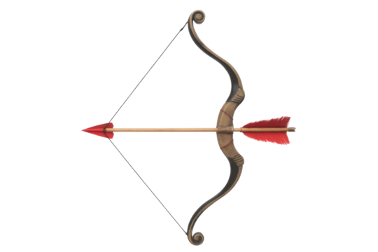 A classic recurve bow with a red fletched arrow, ready to be shot. background removed