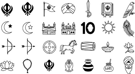 Diverse Vector Icon Set: Sikhism, Indian Culture, and Religious Symbols including Khanda, Gurdwara, Turban, Kirpan, Lotus, Diya, Moon, Star, and more.