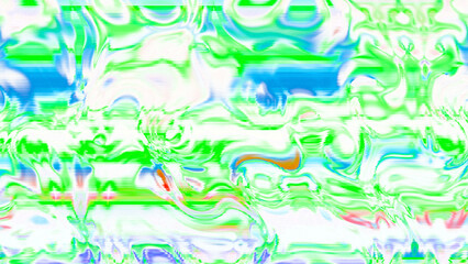 Abstract psychedelic glitch waves with neon colors, distorted digital fluid texture and VHS scanline effect