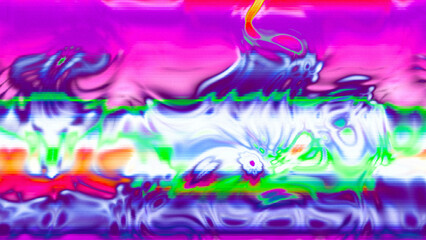 Abstract psychedelic glitch waves with neon colors, distorted digital fluid texture and VHS scanline effect