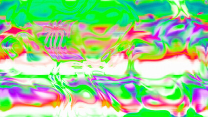 Abstract psychedelic glitch waves with neon colors, distorted digital fluid texture and VHS scanline effect