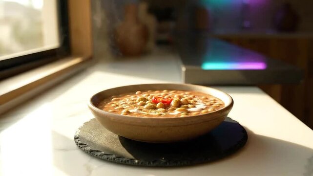 Split Pea Soup Presentation in Ceramic Bowl on Dark Stone Mat with Kitchen Window Background in Warm Natural Lighting for Food Blogs and Healthy Eating Promotion 180 Char