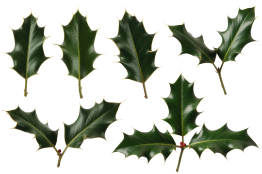 Collection of eight glossy green holly leaves with a few red berries, isolated on a transparent background. background removed - Powered by Adobe