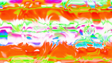 Abstract psychedelic glitch waves with neon colors, distorted digital fluid texture and VHS scanline effect