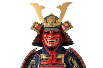 A close-up of a samurai's red and gold armor, featuring a menacing oni mask. background removed