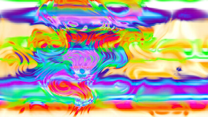 Abstract psychedelic glitch waves with neon colors, distorted digital fluid texture and VHS scanline effect