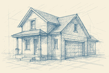 Illustration blueprint vector perspective exterior lines sketch architectural hatching house precise