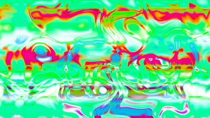 Abstract psychedelic glitch waves with neon colors, distorted digital fluid texture and VHS scanline effect