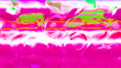 Abstract psychedelic glitch waves with neon colors, distorted digital fluid texture and VHS scanline effect