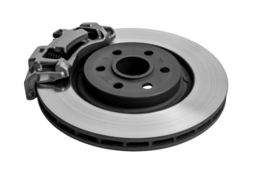 A detailed close-up of a new disc brake rotor and caliper assembly, showcasing its metallic finish and intricate design. background removed