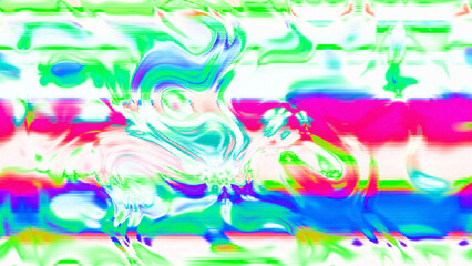 Abstract psychedelic glitch waves with neon colors, distorted digital fluid texture and VHS scanline effect