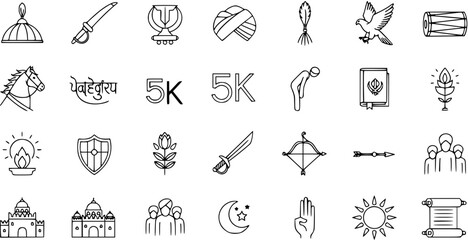 Line Art Icons: Sikh, Hindu  Islamic Religious, Cultural  Warrior Symbols