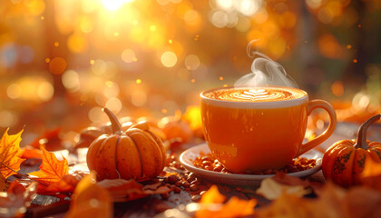Cozy Autumn Moment with Pumpkin Spice: A steaming cup of pumpkin spice latte sits invitingly amidst the vibrant hues of fall, with gourds and autumn leaves scattered around.