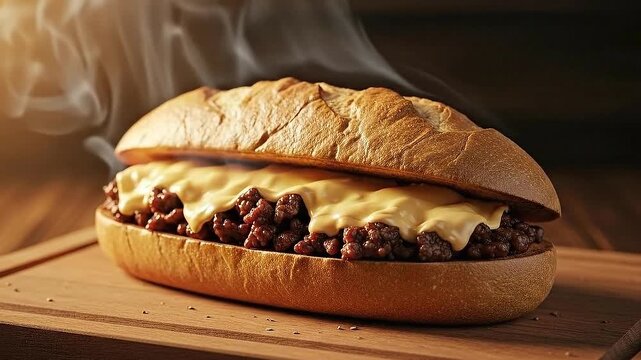 Steaming Sloppy Joe Sandwich on Wooden Board Close-Up Under Golden Light a Savory Meal in a Studio Setting with Warm Tones Perfect for Food Advertisements and Culinary Content