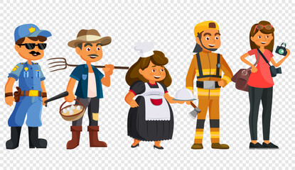 Cartoon Characters of Various Professions Set — Police Officer, Farmer, Chef, Firefighter, and Photographer
